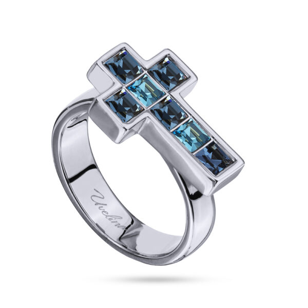 Кольцо Квадро (кристаллы SW джинс, аквамарин; покрытие родий)