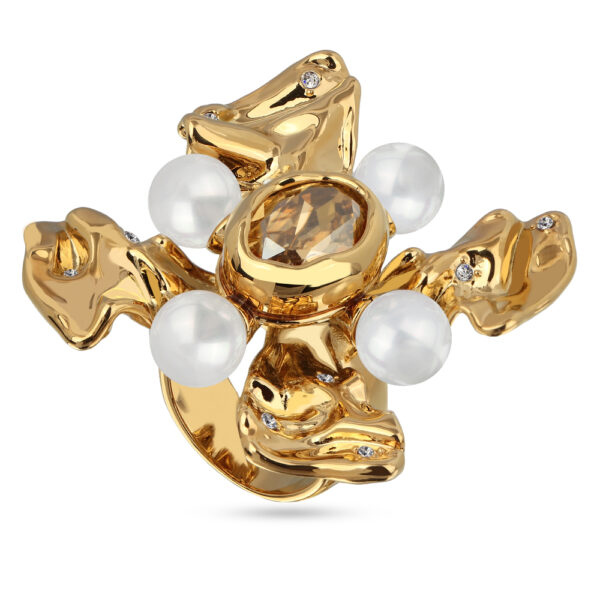 Кольцо Грациоза (кристаллы SW шампань, Майорка белая; покрытие золото)